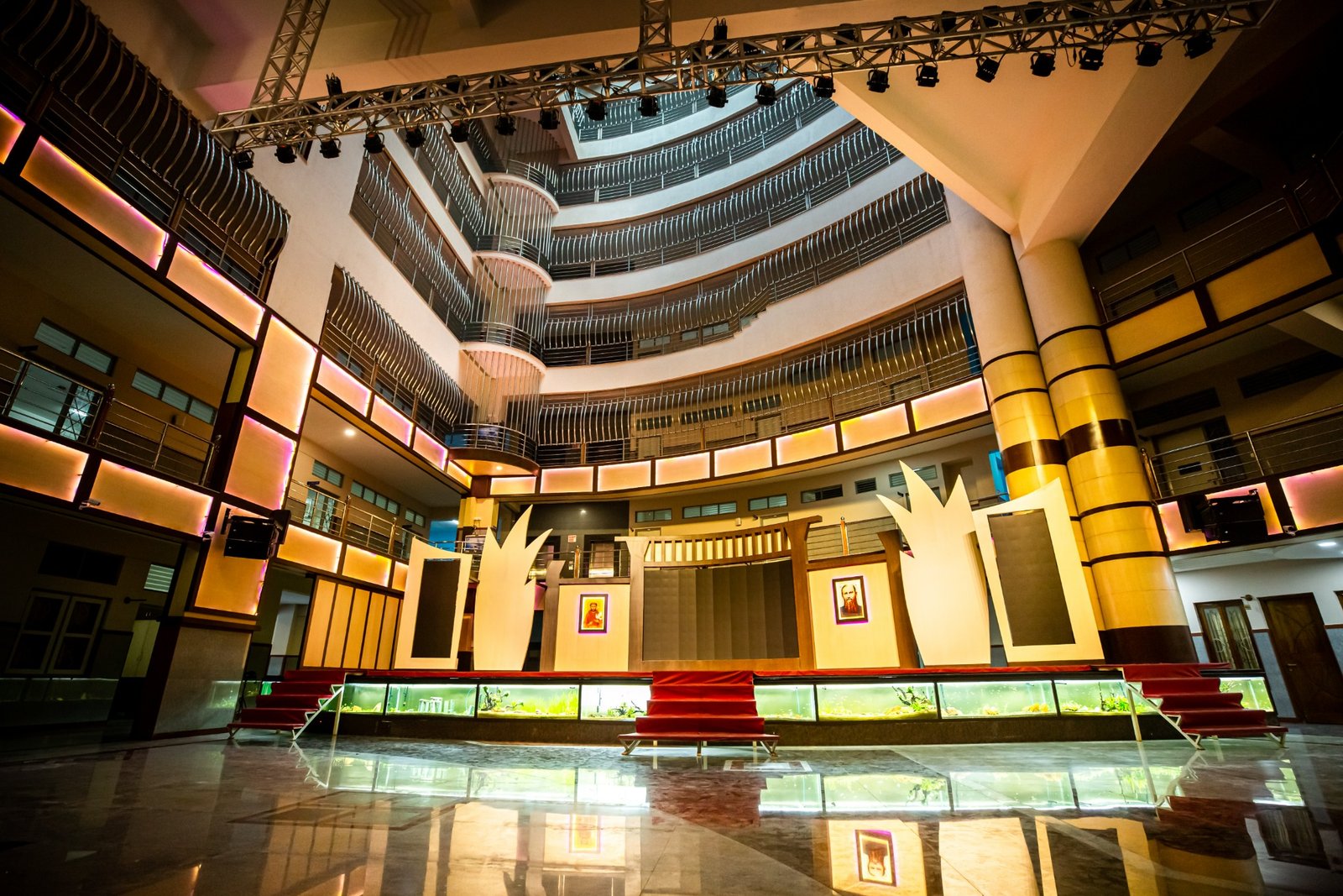 Stage and central atrium at St. Francis College